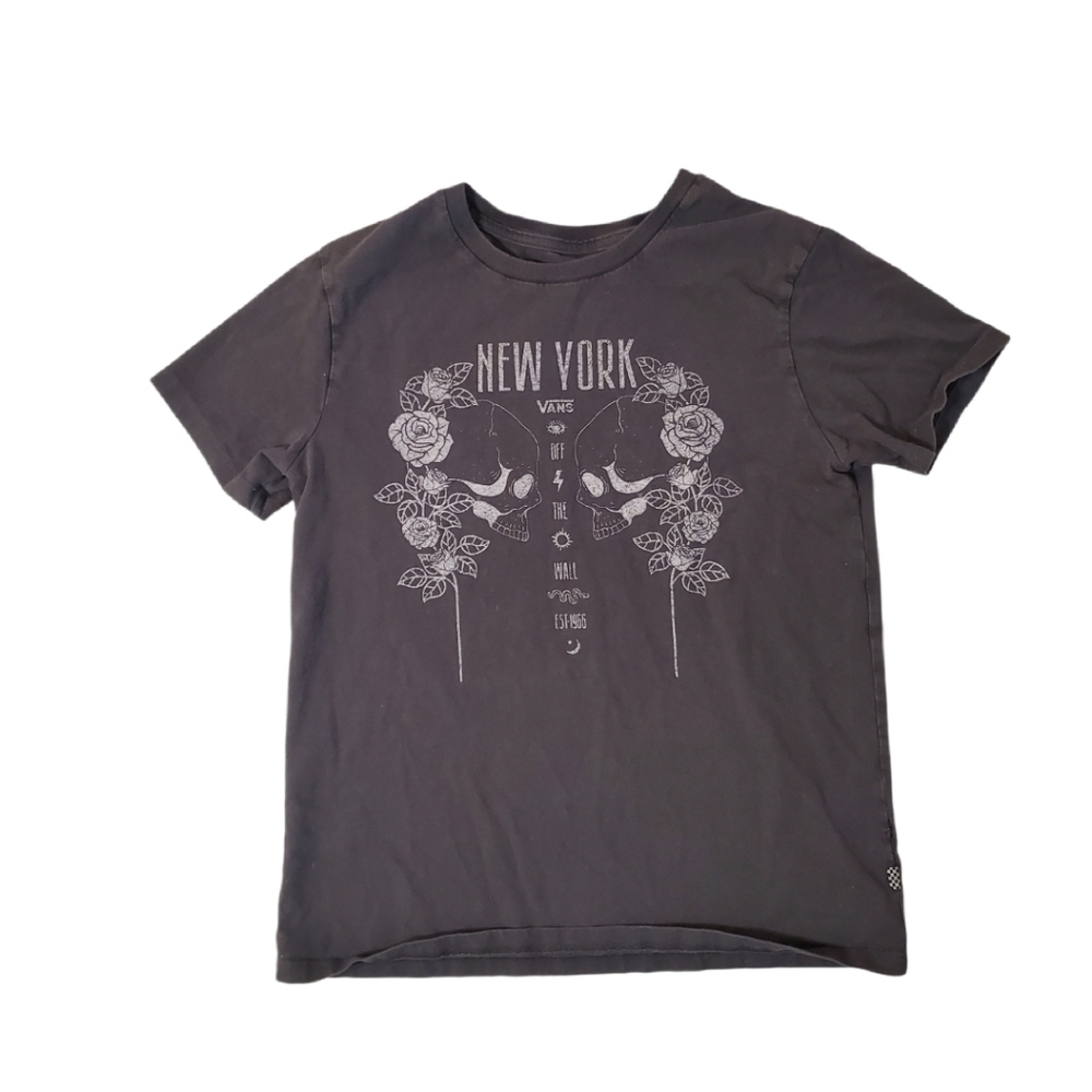 Vans Women'a Dark Gray Skulls Roses New‎ York T-shirt Small
